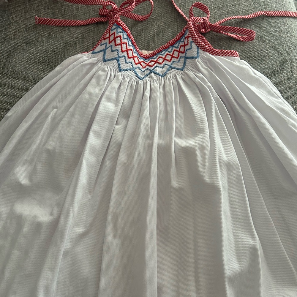 SMockingbird White Dress with Red Checkered Shoulder Ties. Size 4t